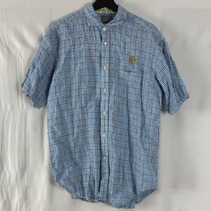 Thomas Dean Mens Size M Linen Plaid Embroidered Shirt Blue Short Sleeve Pocket